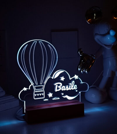 Lampe veilleuse montgolfière personnalisée LED blanc en bois et plexiglas